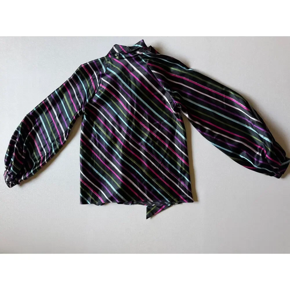 Kate Spade Women's Black Multi Party Stripe Tie-Neck Blouse Size XS